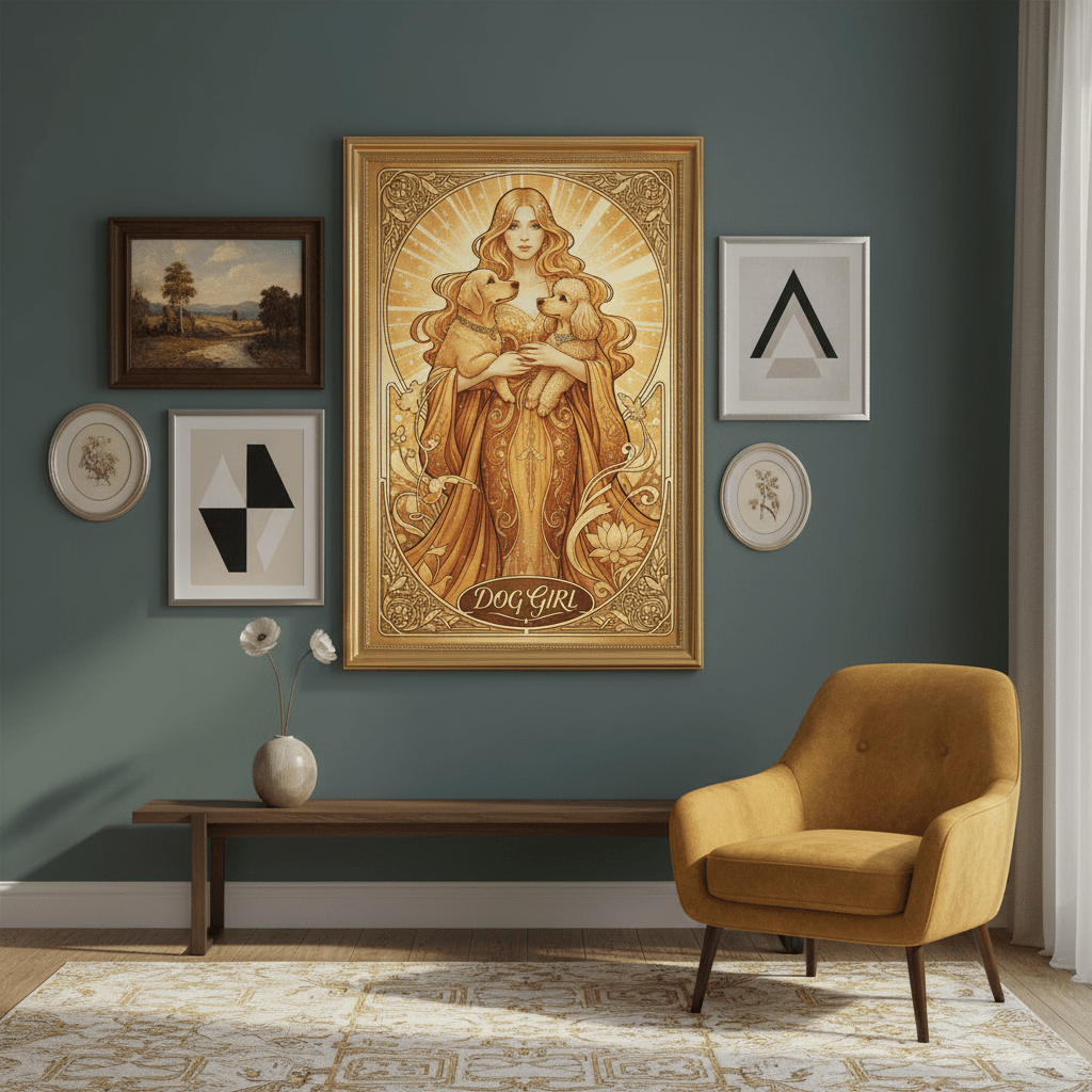 Dog Girl - Art Nouveau Card - Digital Greeting Download - TheJoyfulDigital