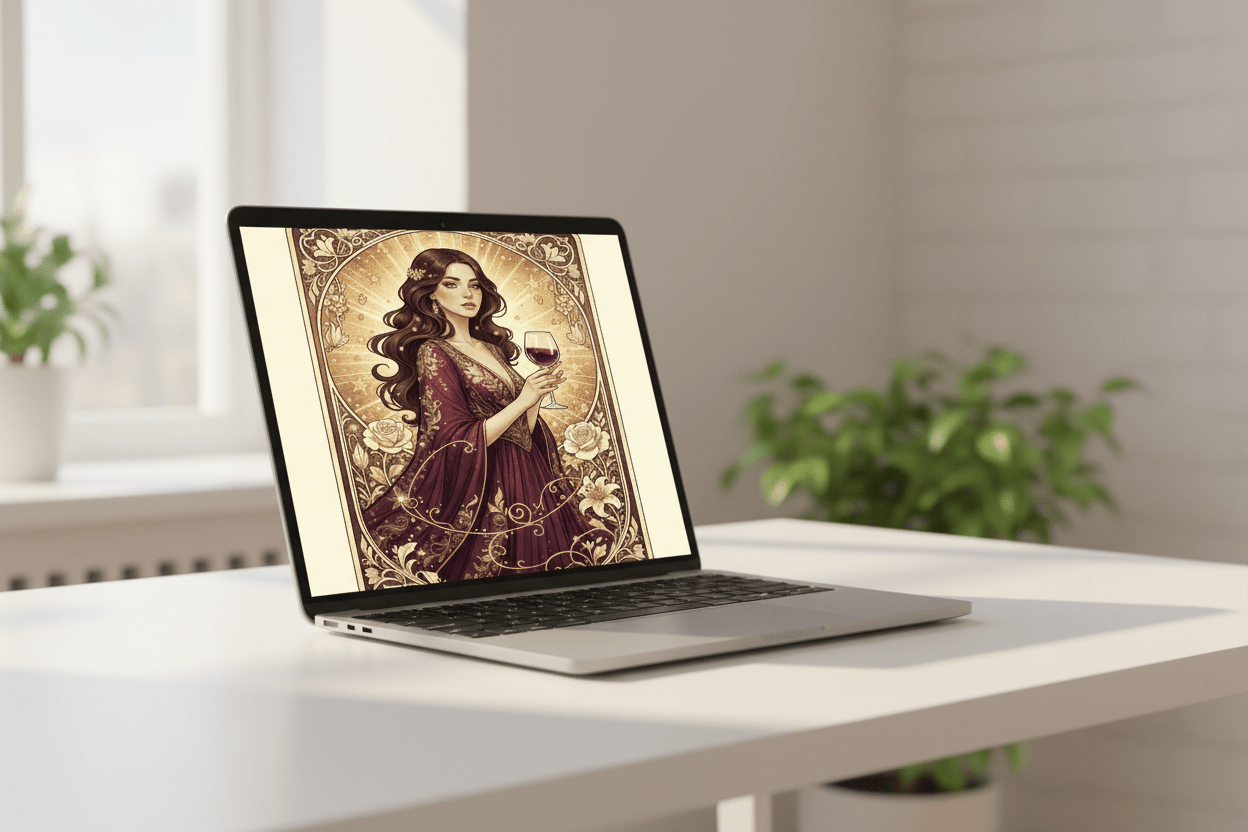 Wine Girl Art Nouveau digital greeting card on MacBook