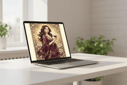 Wine Girl Art Nouveau digital greeting card on MacBook