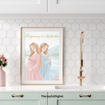 From Pregnancy to Motherhood digital card shown on iPad tablet placed on soft pink linen with white peonies, Scandinavian flat lay photography