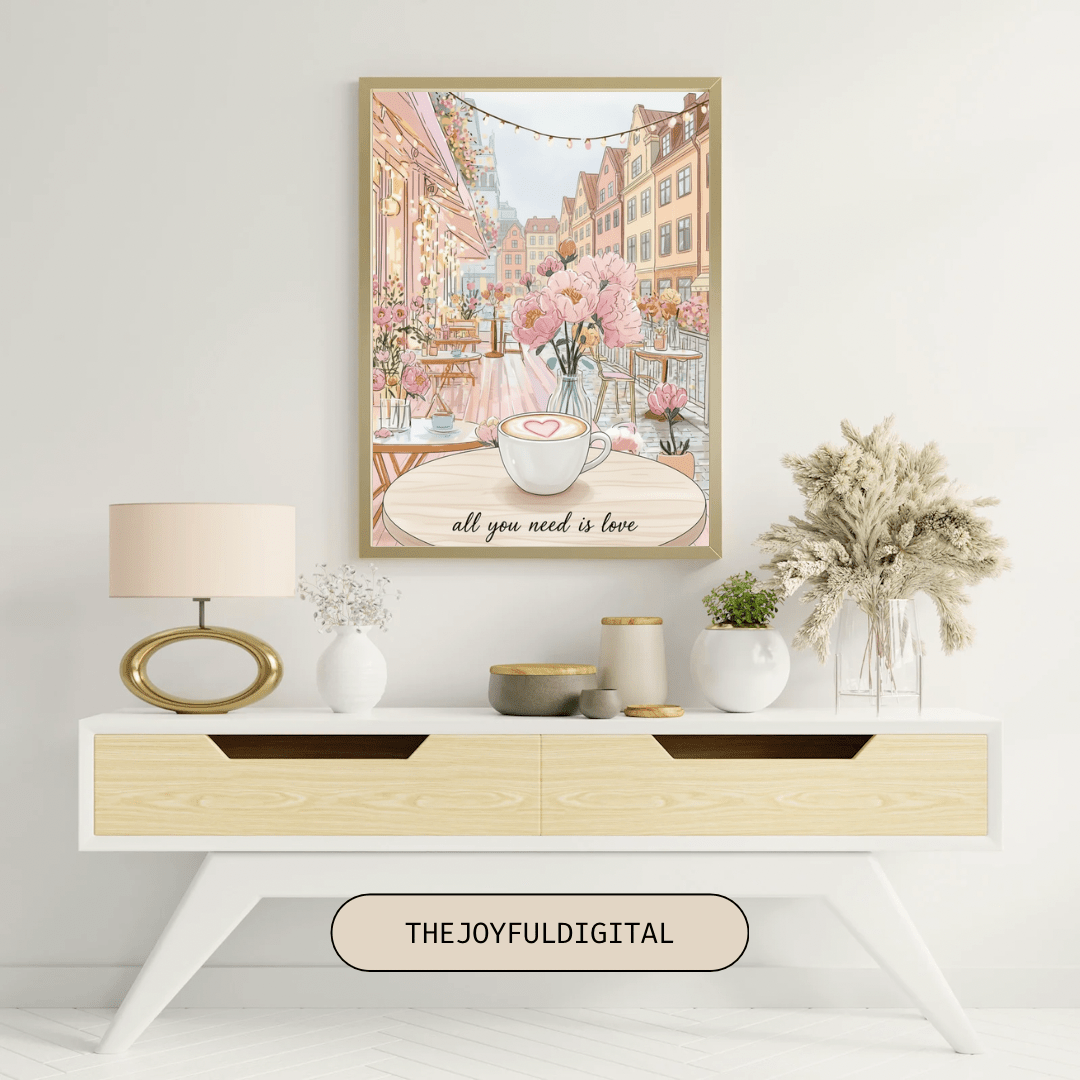 All You Need Is Love romantic card with watercolor hearts and flowers in soft pink and beige tones