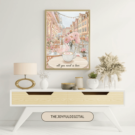 All You Need Is Love romantic card with watercolor hearts and flowers in soft pink and beige tones