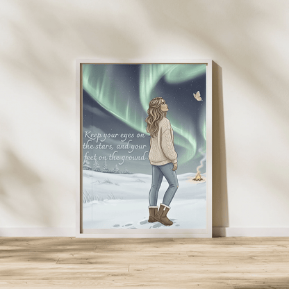 Woman in knit sweater under northern lights with inspirational quote - Keep Your Eyes on the Stars digital card