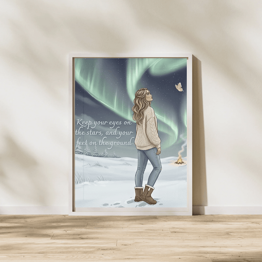 Woman in knit sweater under northern lights with inspirational quote - Keep Your Eyes on the Stars digital card