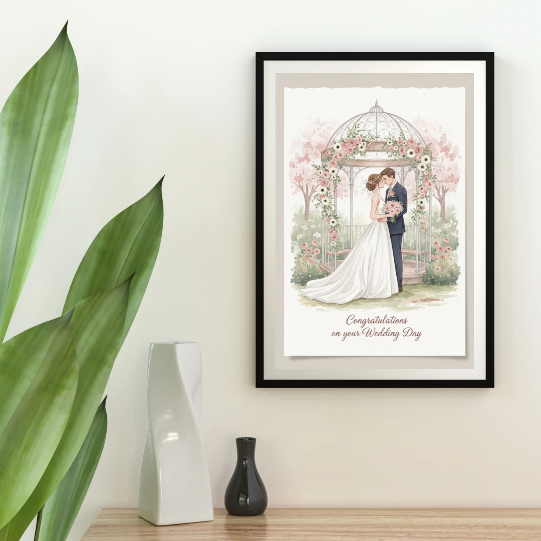 Beige minimalist wall frame mockup displaying wedding gazebo card in neutral Scandinavian interior