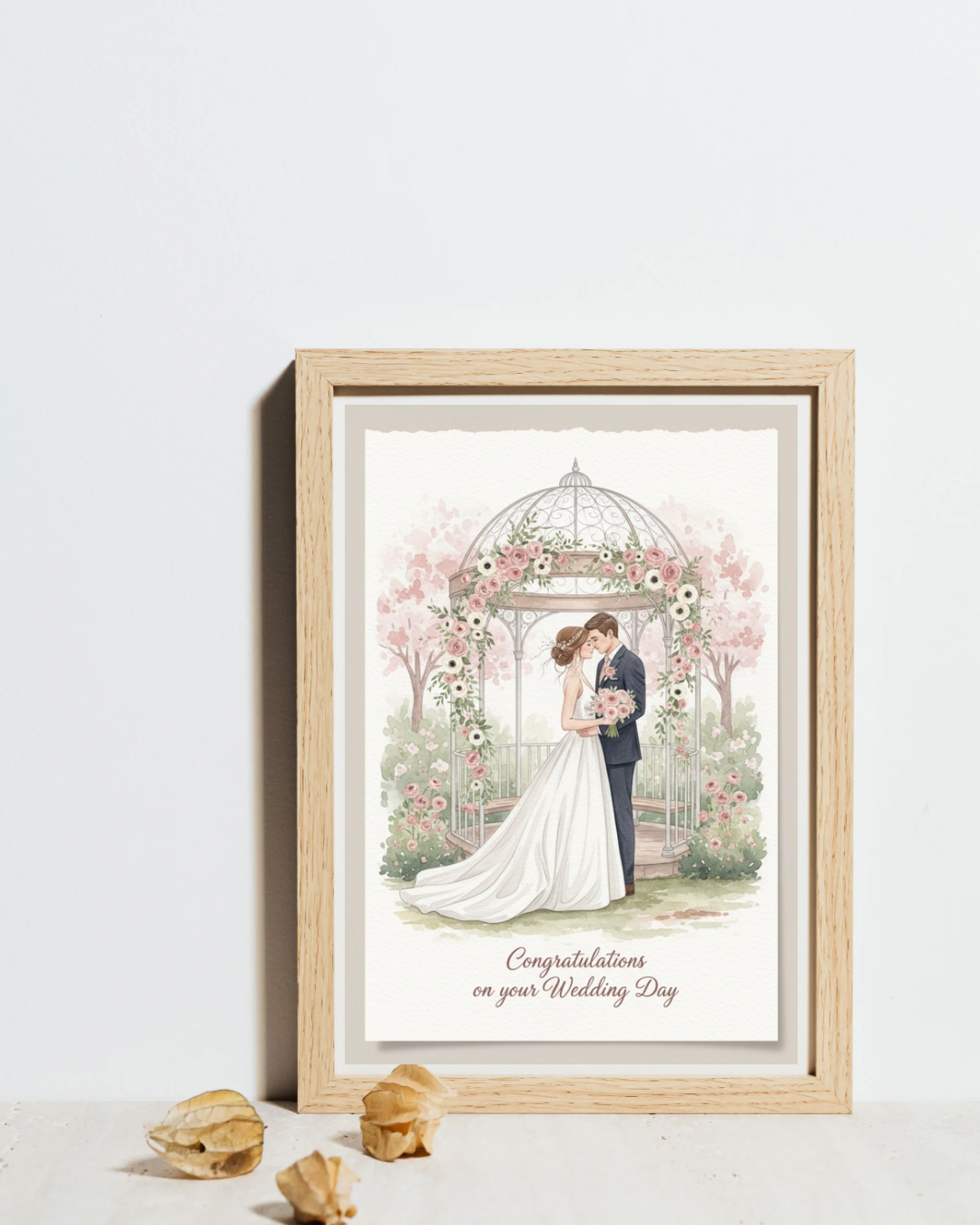 Floral photo frame mockup with wedding gazebo card in beige and white minimalist setting