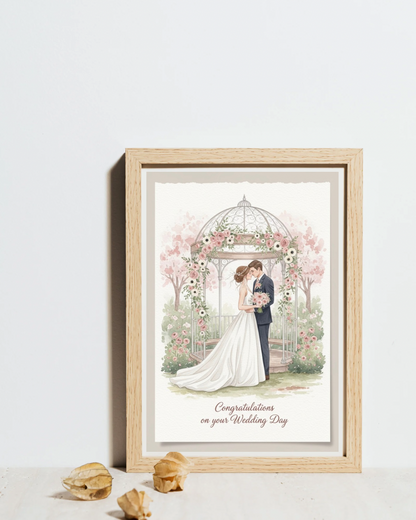 Floral photo frame mockup with wedding gazebo card in beige and white minimalist setting