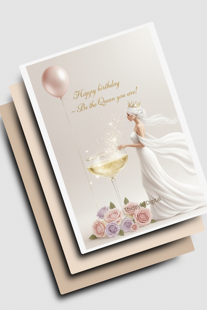 Birthday card mockup showing elegant design with champagne glass and roses
