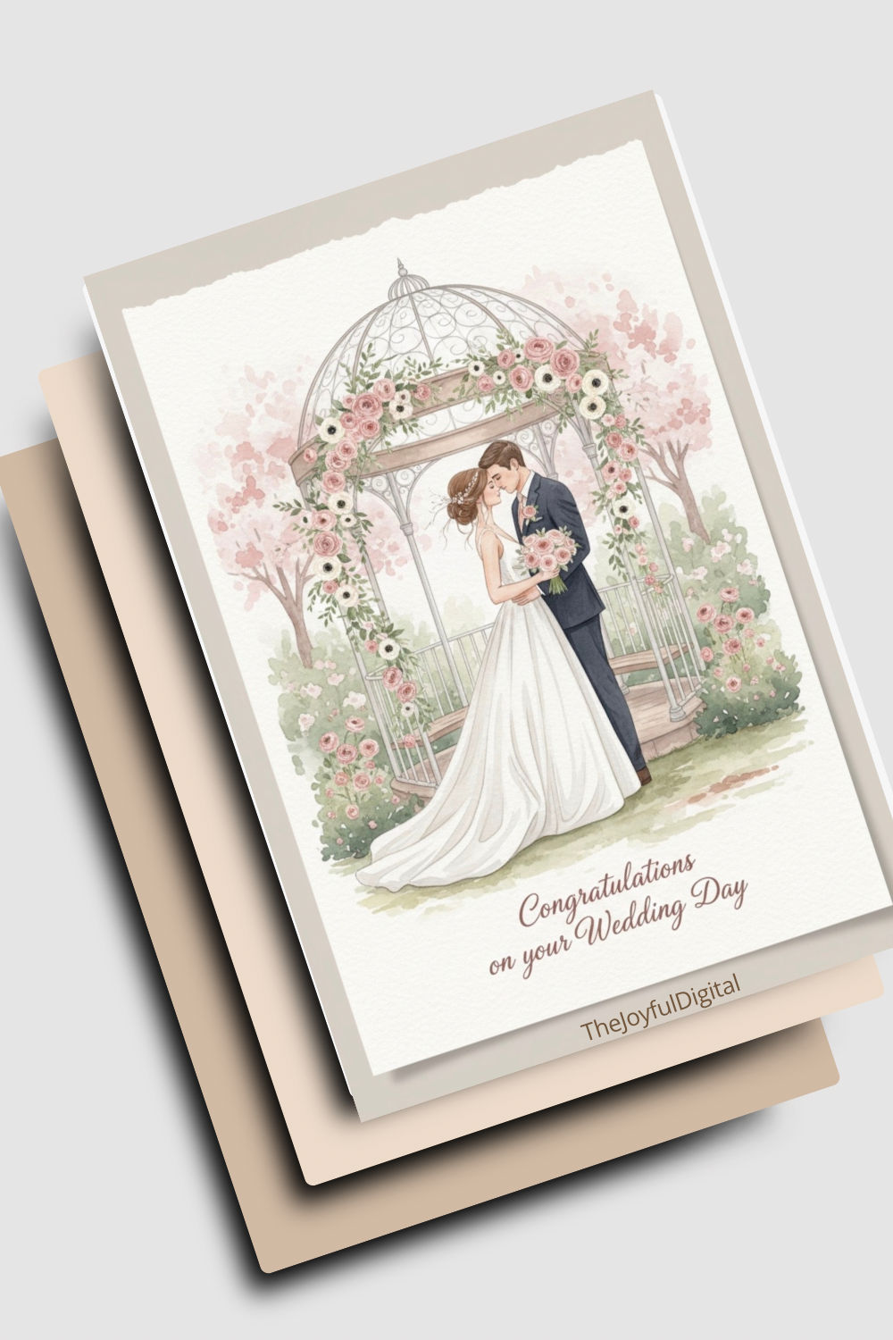 Wedding card with romantic garden gazebo and couple in soft pastel watercolor - Nordic digital greeting card design