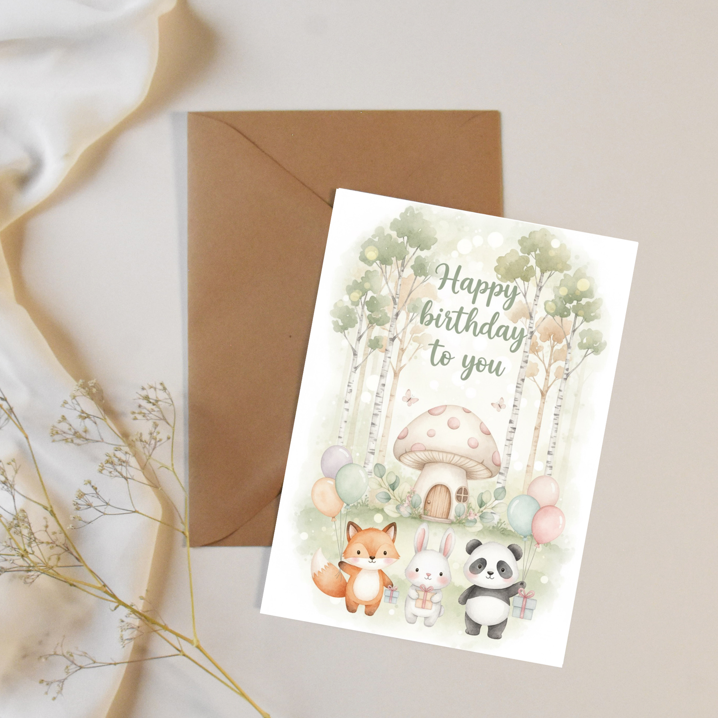 Charming woodland birthday scene with fox, bunny and panda in magical forest setting with soft green, pink and beige pastel tones