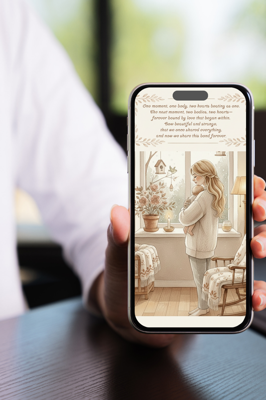 Pregnancy print displayed on mobile phone in Nordic interior with rattan chairs