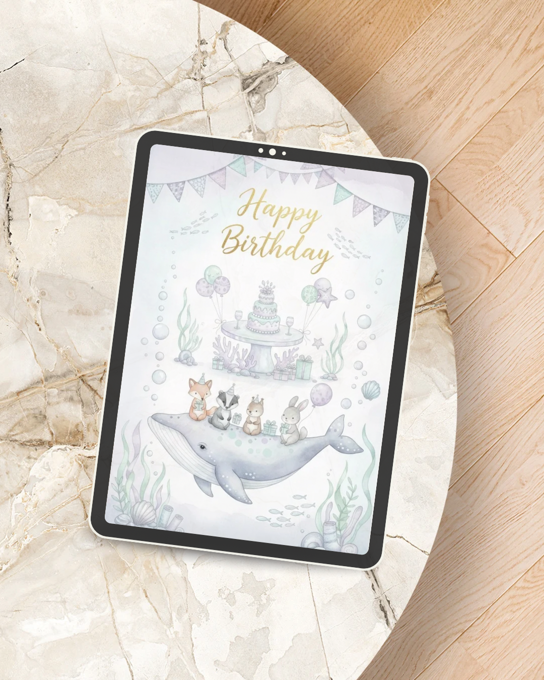 Birthday celebration details with wrapped gifts, flowers, balloons and festive decorations in Nordic pastel colors