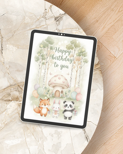 Nordic birthday card featuring cute forest animals with birch trees, mushroom house and pastel balloons in watercolor illustration