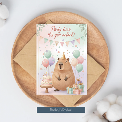 Party time capybara print in dark frame on blue wall - Nordic pastel birthday art
