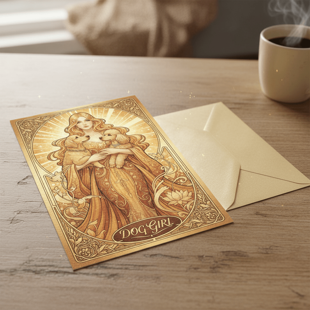 Dog Girl - Art Nouveau Card - Digital Greeting Download - TheJoyfulDigital