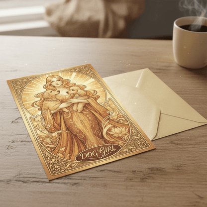Dog Girl - Art Nouveau Card - Digital Greeting Download - TheJoyfulDigital