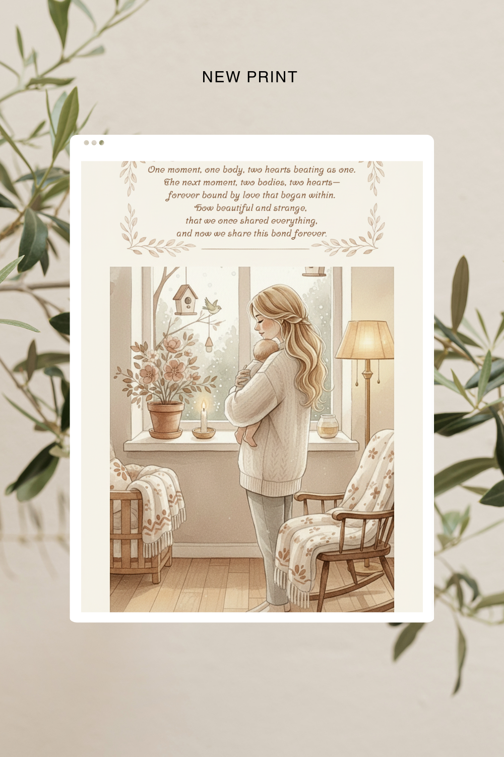 Pregnancy print close-up showing heartfelt poem and serene illustration