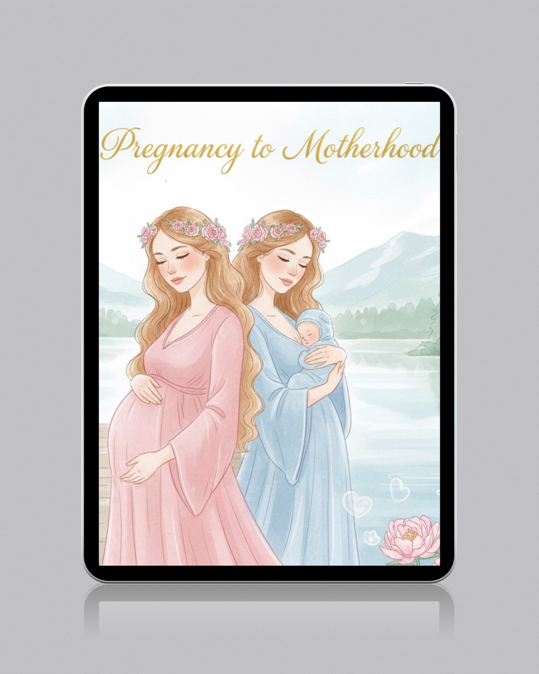 From Pregnancy to Motherhood original digital artwork featuring pregnant woman in pink dress and new mother in blue dress with baby by peaceful Nordic lake with mountains and pink peonies