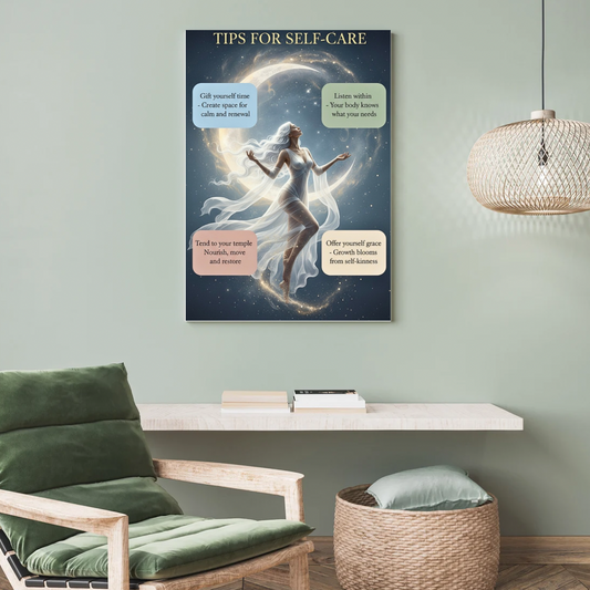 Tips for Self-Care print with celestial moon phases and stars in soft Nordic pastel colors on cream background