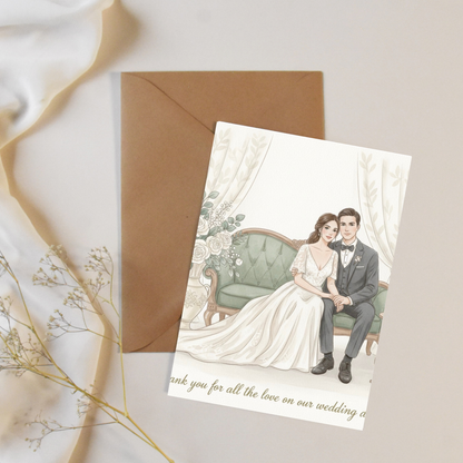 Romantic wedding gratitude card featuring thank you message in Nordic minimalist style with gentle watercolor aesthetic
