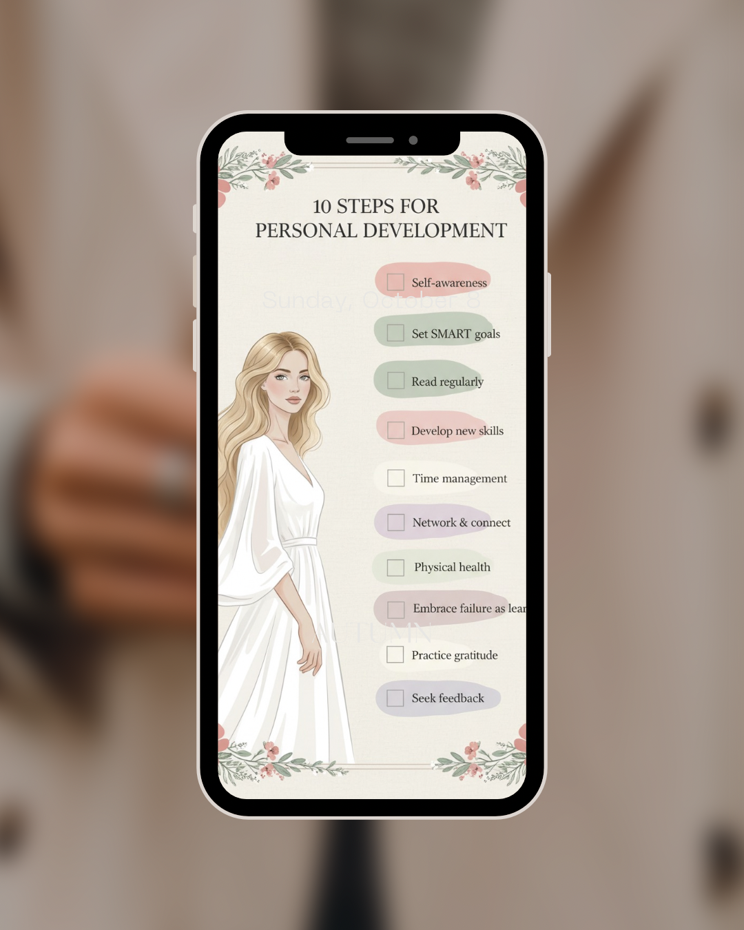 Personal development checklist on phone screen - digital download for mobile use