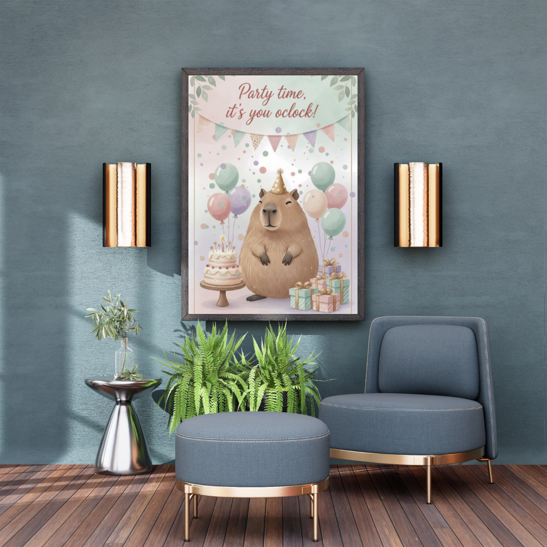Party time capybara print in dark frame on blue wall - Nordic pastel birthday art
