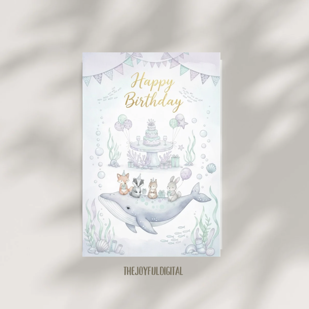 Underwater birthday party scene with decorated table, birthday cake, wrapped presents and pastel balloons in dreamy watercolor style