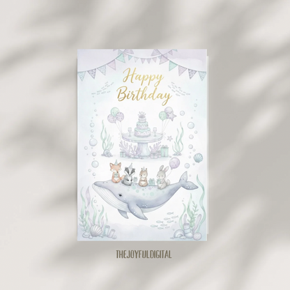 Underwater birthday party scene with decorated table, birthday cake, wrapped presents and pastel balloons in dreamy watercolor style