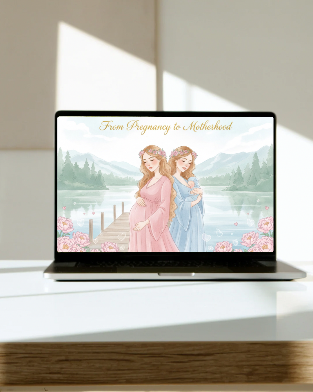 From Pregnancy to Motherhood digital artwork displayed on MacBook laptop on white desk with pastel pink peonies, Nordic minimalist workspace