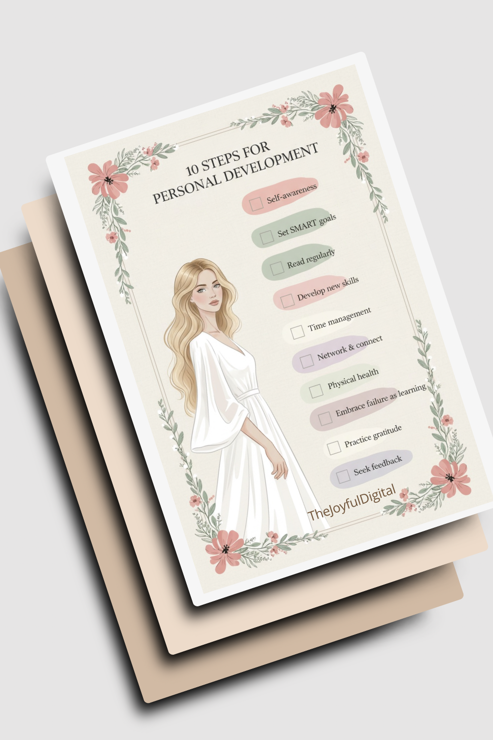 Personal development checklist print on beige paper stack - instant digital download