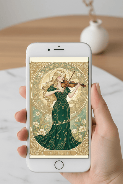 Music Girl Art Nouveau card displayed on iPhone – instant download digital greeting