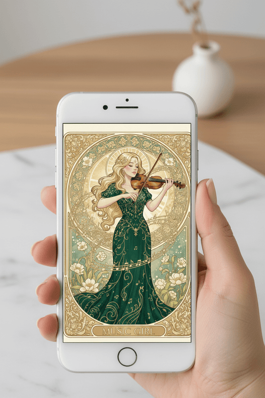 Music Girl Art Nouveau card displayed on iPhone – instant download digital greeting