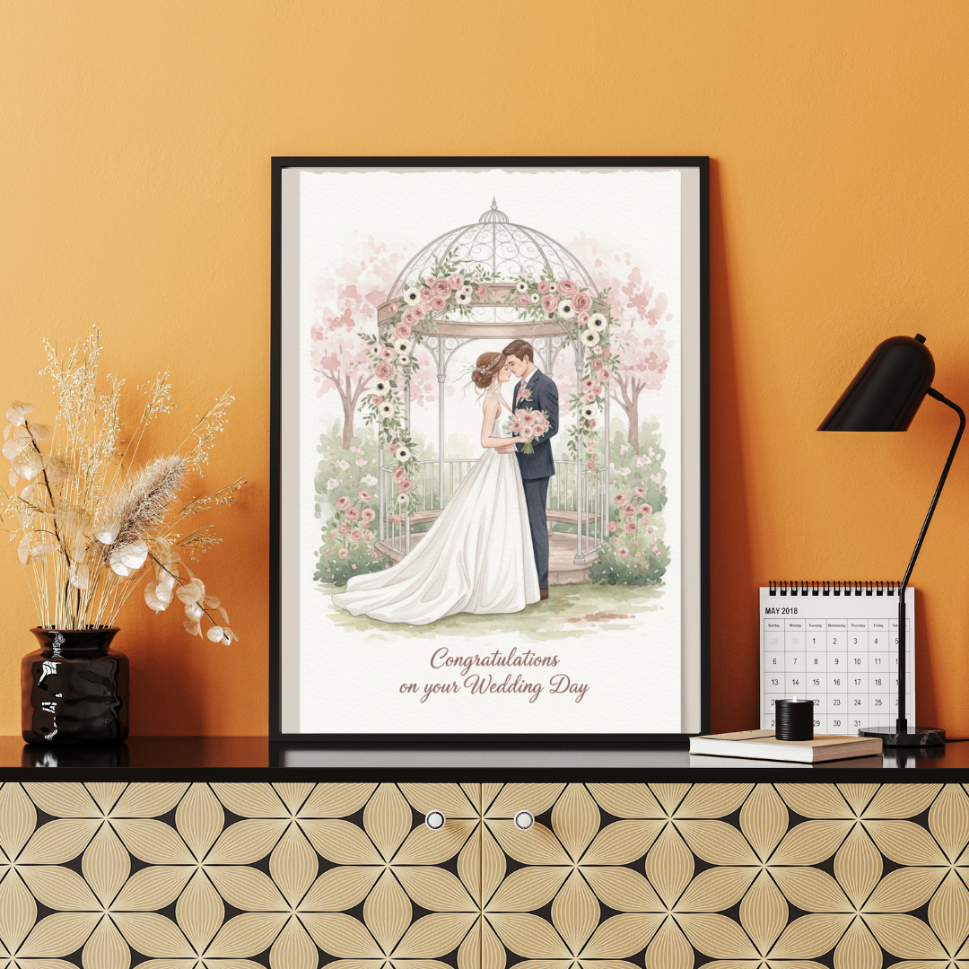 Wedding greeting card mockup in orange and brown 3D wall frame with modern Nordic aesthetic