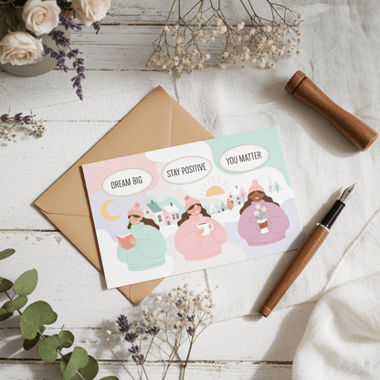 Daily motivation greeting with cute characters - Nordic minimalist encouragement card
