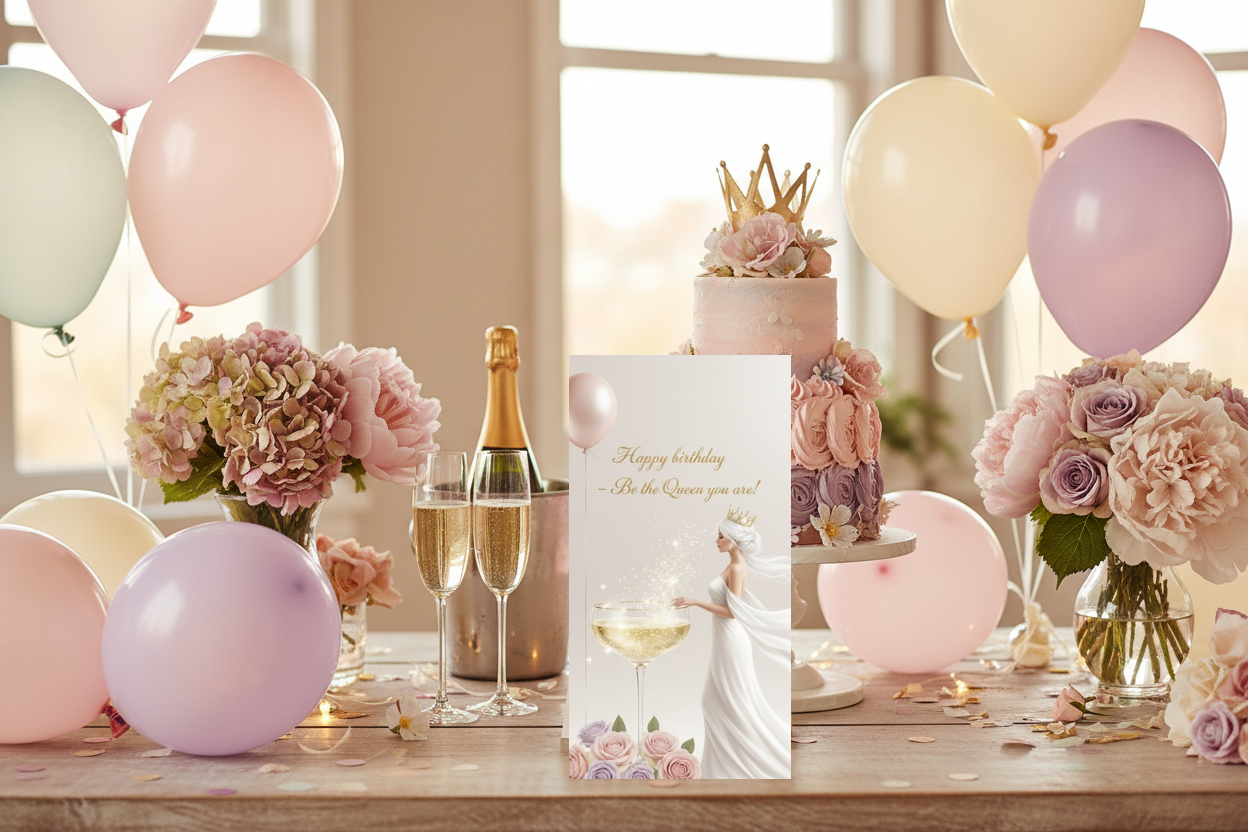 Happy Birthday Be the Queen You Are digital card with champagne, roses and balloons in pastel colors