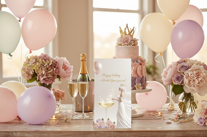 Happy Birthday Be the Queen You Are digital card with champagne, roses and balloons in pastel colors