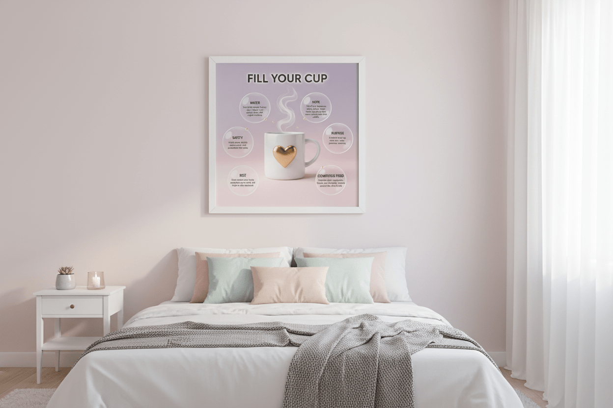 Self-care reminder card framed on bedroom wall - minimalist Nordic mental health decor
