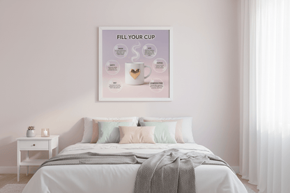 Self-care reminder card framed on bedroom wall - minimalist Nordic mental health decor