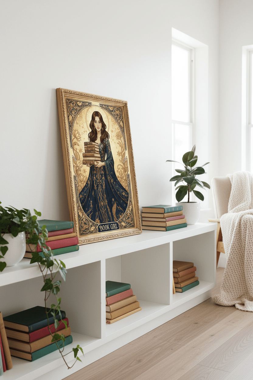 Book Girl – Art Nouveau greeting card as wall art print, botanical illustration, printable PDF