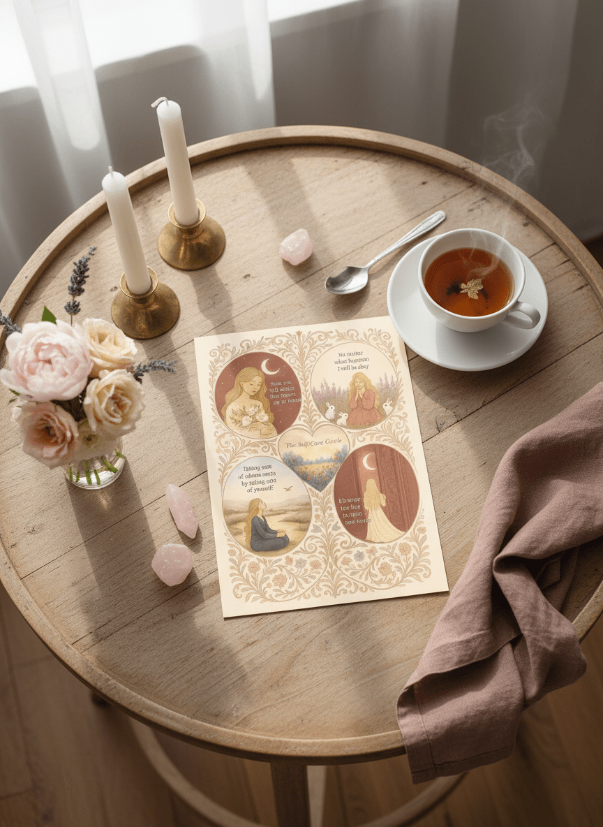 Self-care affirmations card on table - circular wellness reminder with 5 messages