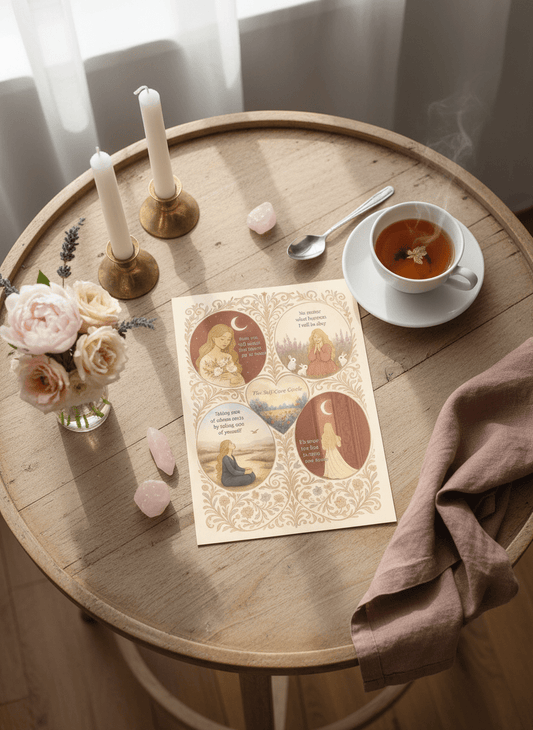 Self-care affirmations card on table - circular wellness reminder with 5 messages