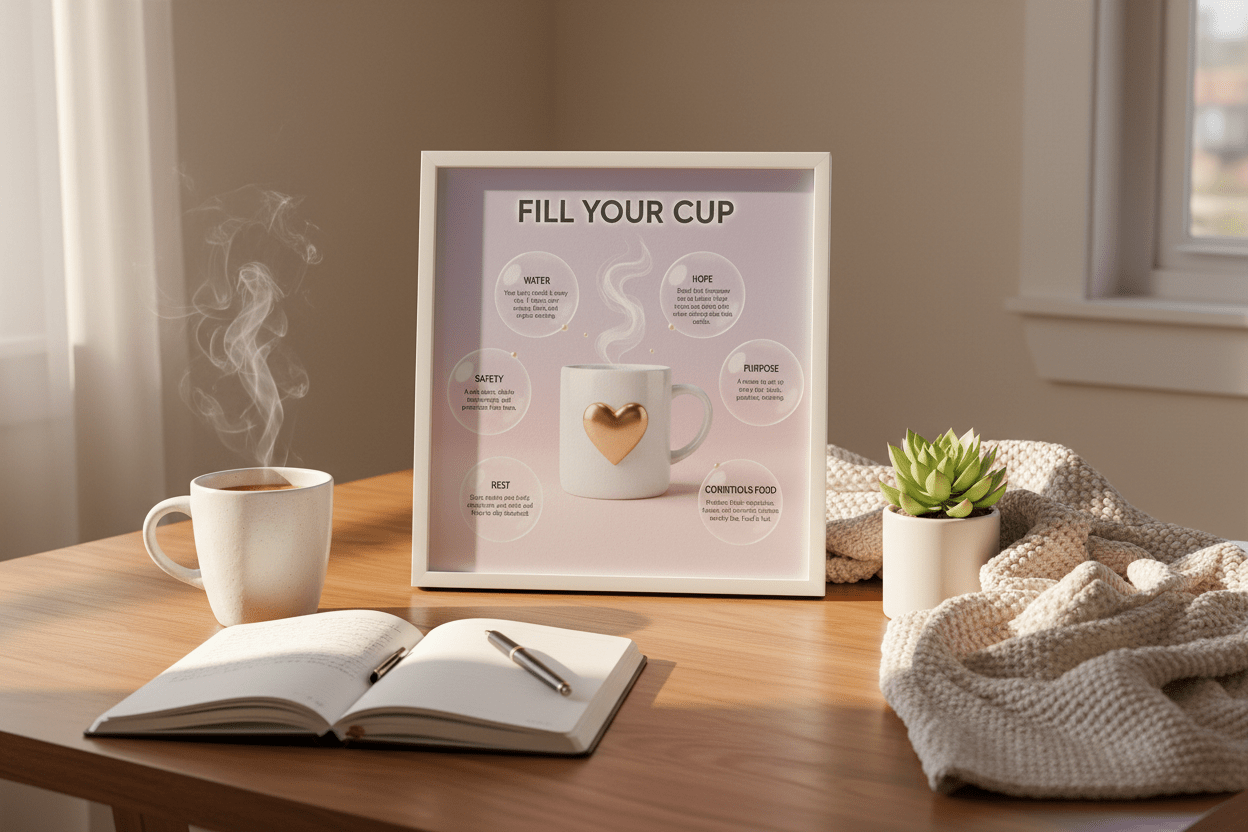 Fill your cup card on coffee table lifestyle scene with candles and cozy blanket