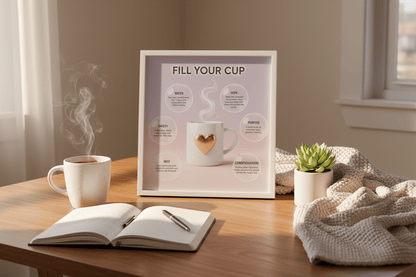 Fill your cup card on coffee table lifestyle scene with candles and cozy blanket