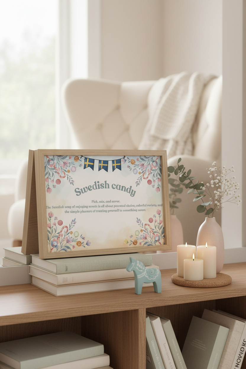 Swedish candy print in cozy reading nook with pastel colors and lösgodis illustration - Nordic home decor poster