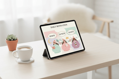 Daily motivation card on tablet mockup - digital encouragement with illustrated characters