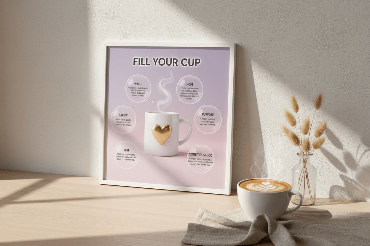 Fill your cup self-care card on desk flat lay with coffee and journal - Nordic wellness reminder