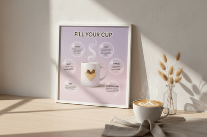 Fill your cup self-care card on desk flat lay with coffee and journal - Nordic wellness reminder