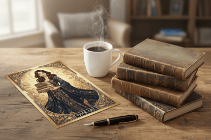 Book Girl – Art Nouveau printable greeting card flatlay with botanical illustration, digital download