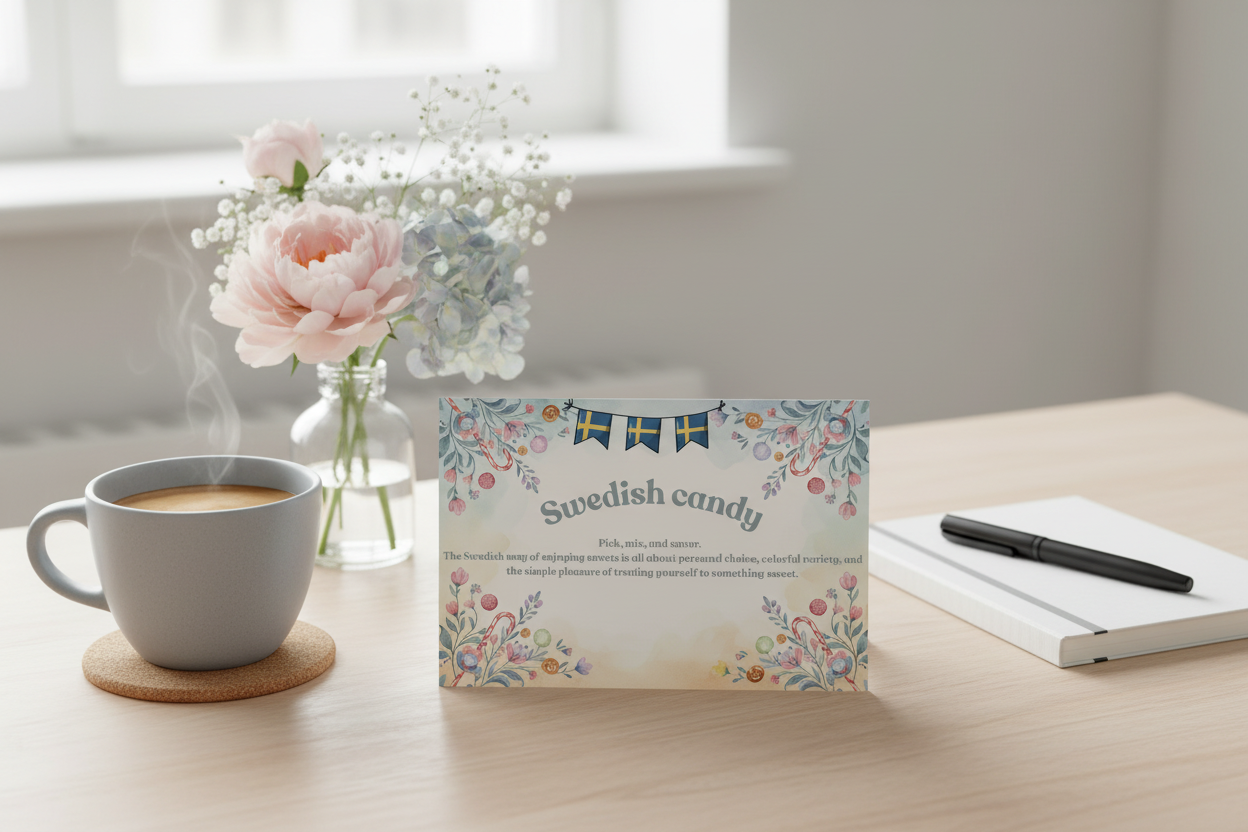 Swedish candy digital print desktop styling with coffee and stationery - Nordic pick and mix candy art