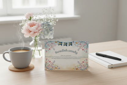 Swedish candy digital print desktop styling with coffee and stationery - Nordic pick and mix candy art